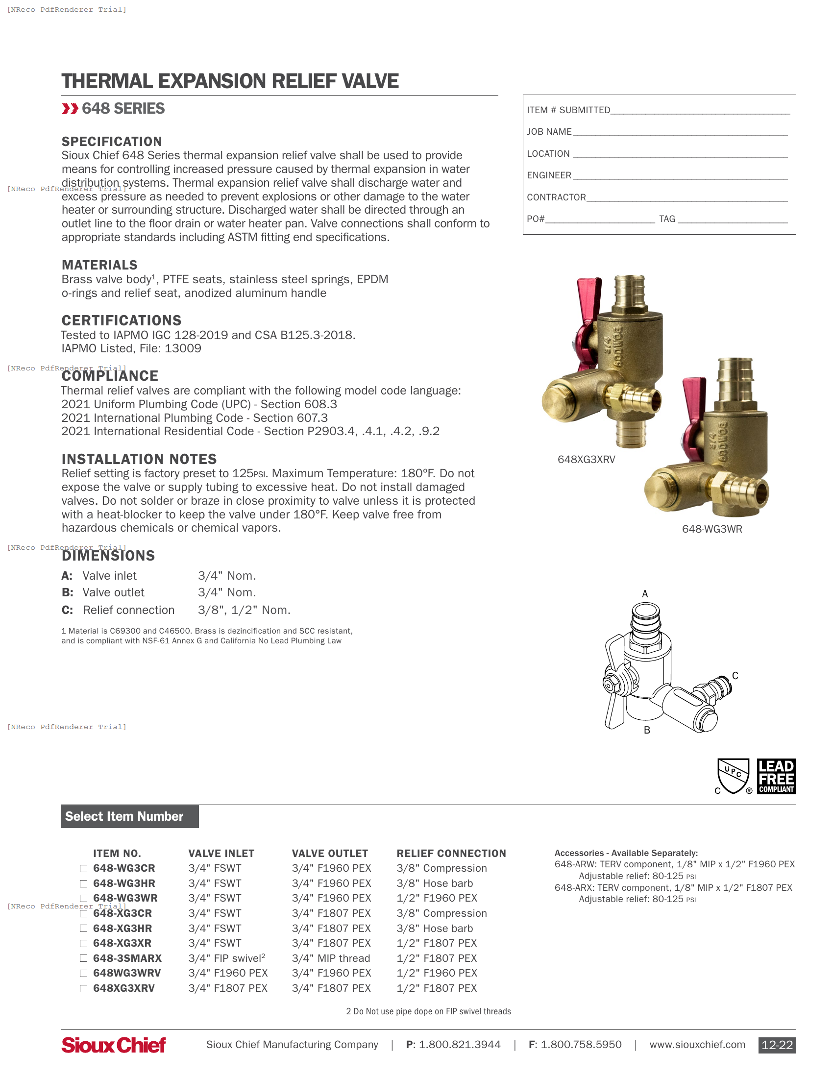 648 SERIES - THERMAL EXPANSION RELIEF VALVE - SPEC SHEET.PDF Specification Document